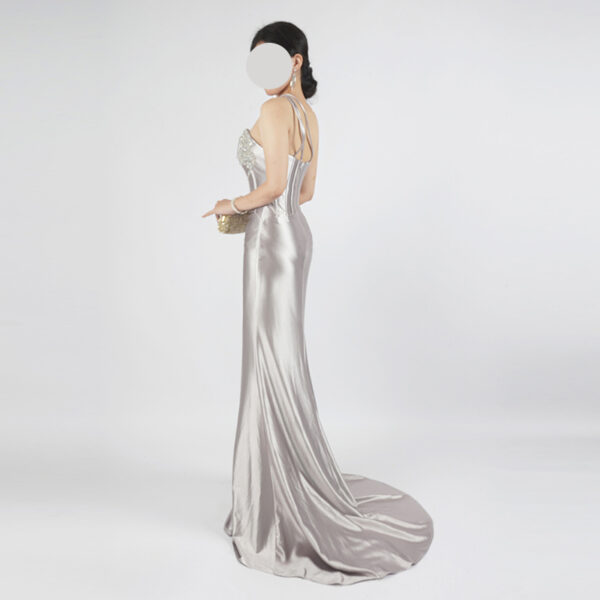 Luxury Silver Beaded Corset Evening Dress with One-Shoulder Design