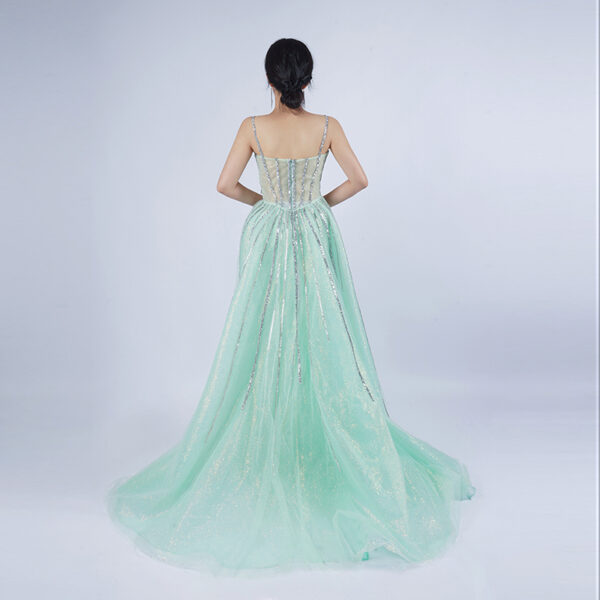Mint Green Sequin Mermaid Gown | Spaghetti Strap Sheer Bodice Formal Evening Dress with Tulle Train