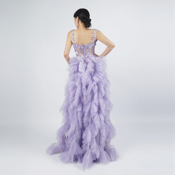 Lavender Tulle Ruffled Ball Gown | Spaghetti Strap 3D Floral Embellished Formal Evening Dress