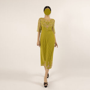 Olive Green Beaded Midi Dress with Floral Embroidery - Sheer Bell Sleeve Cocktail Dress