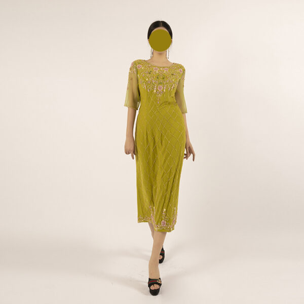 Olive Green Beaded Midi Dress with Floral Embroidery - Sheer Bell Sleeve Cocktail Dress
