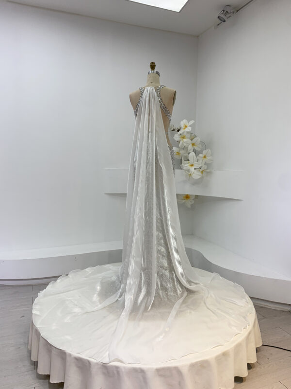 Custom Fit Runway Gown | Crystal-Embellished Deep V Halter Cutout Cross-Back Formal Dress with White Tulle Train