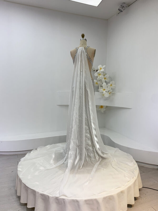 Custom Fit Runway Gown | Crystal-Embellished Deep V Halter Cutout Cross-Back Formal Dress with White Tulle Train