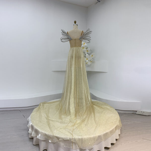 Women's Champagne Glitter Fairy Gown with Wire Wing Detailing - Prom Pageant Fantasy Formal Dress