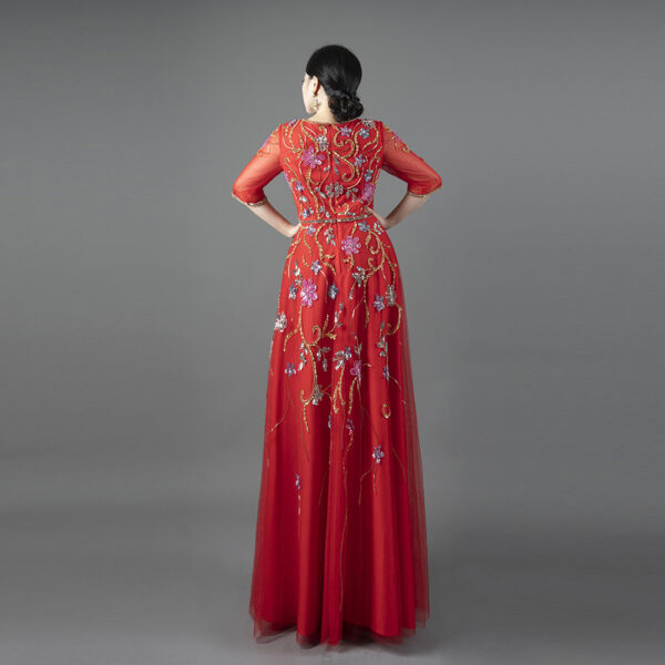 Red Couture Evening Gown with Hand-Beaded Floral Embroidery
