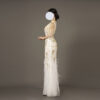 White Evening Gown with Gold Hand-Beaded Embroidery and Feather Hem