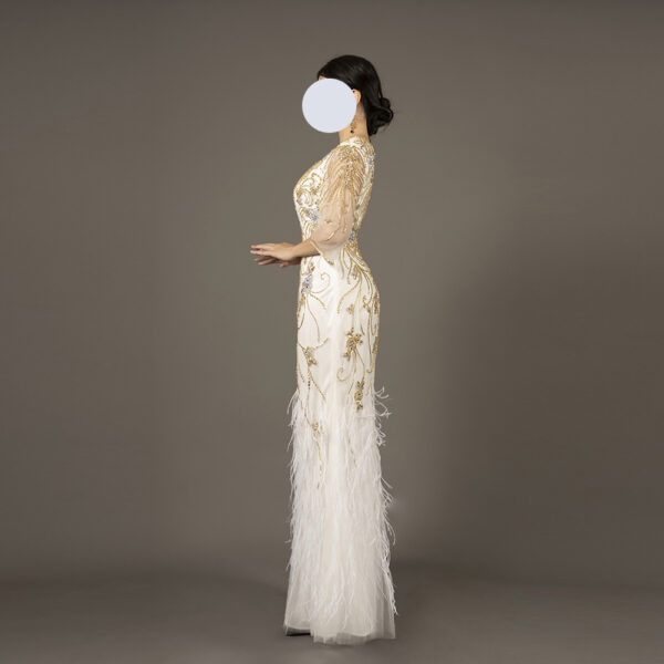White Evening Gown with Gold Hand-Beaded Embroidery and Feather Hem