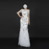White Hand-Beaded Evening Gown with Gold Embroidery and Feather Details