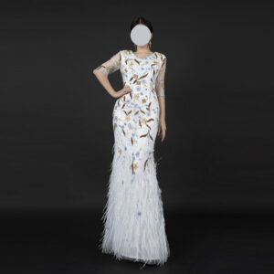 White Hand-Beaded Evening Gown with Gold Embroidery and Feather Details