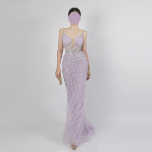 Lavender Sequin Mermaid Gown | Spaghetti Strap Deep V Formal Evening Dress with Feather Fringe