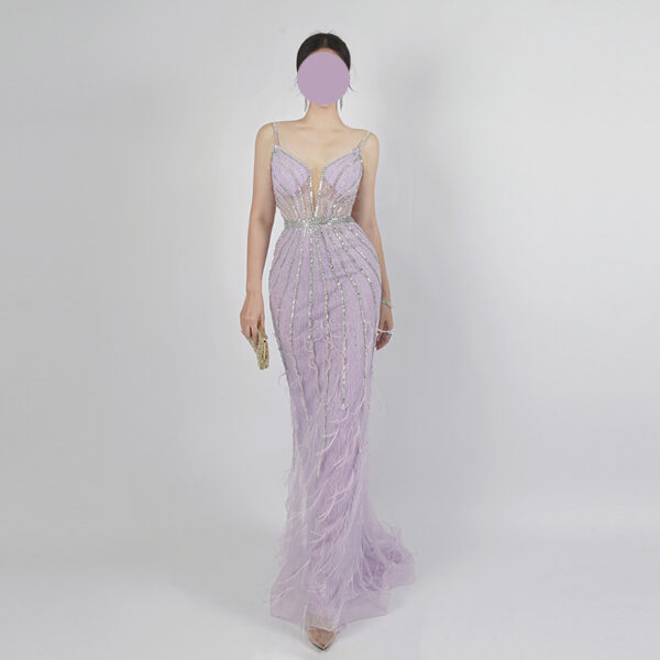 Lavender Sequin Mermaid Gown | Spaghetti Strap Deep V Formal Evening Dress with Feather Fringe
