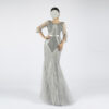 Silver Hand-Beaded Evening Gown with Crystal Embellishment and Feather Hem