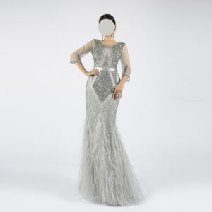 Silver Hand-Beaded Evening Gown with Crystal Embellishment and Feather Hem
