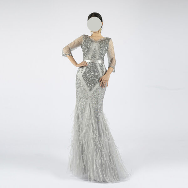 Silver Hand-Beaded Evening Gown with Crystal Embellishment and Feather Hem