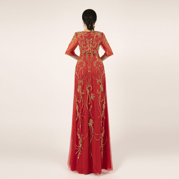 Elegant Red Formal Dress with Intricate Gold Embroidery
