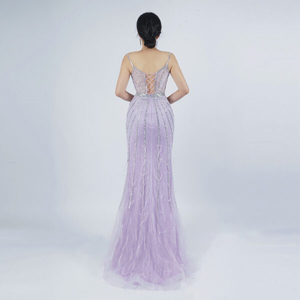 Lavender Sequin Mermaid Gown | Spaghetti Strap Deep V Formal Evening Dress with Feather Fringe