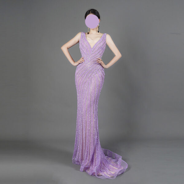 Lavender purple beaded mermaid evening gown with deep V-neck, luxury formal dress for gala red carpet