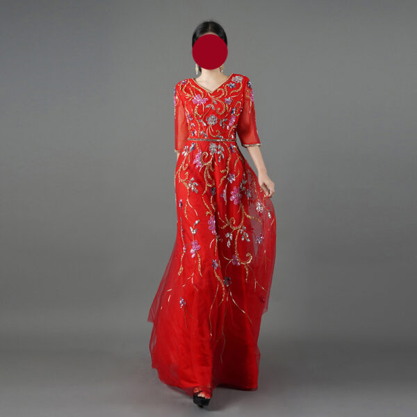 Red Couture Evening Gown with Hand-Beaded Floral Embroidery