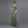 Women's Emerald Green Beaded Evening Gown - Sheer Half-Sleeve Formal Occasion Dress