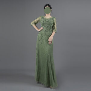 Women's Emerald Green Beaded Evening Gown - Sheer Half-Sleeve Formal Occasion Dress