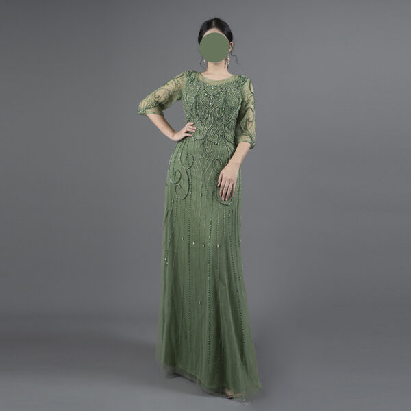Women's Emerald Green Beaded Evening Gown - Sheer Half-Sleeve Formal Occasion Dress