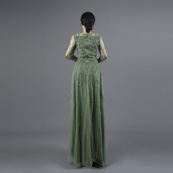 Women's Emerald Green Beaded Evening Gown - Sheer Half-Sleeve Formal Occasion Dress