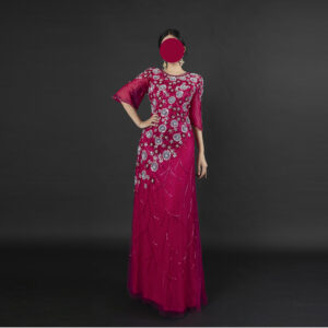 Women's Magenta Beaded Floral Evening Gown - Sheer Bell Sleeve Formal Party Dress