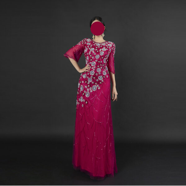Women's Magenta Beaded Floral Evening Gown - Sheer Bell Sleeve Formal Party Dress