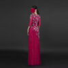 Women's Magenta Beaded Floral Evening Gown - Sheer Bell Sleeve Formal Party Dress