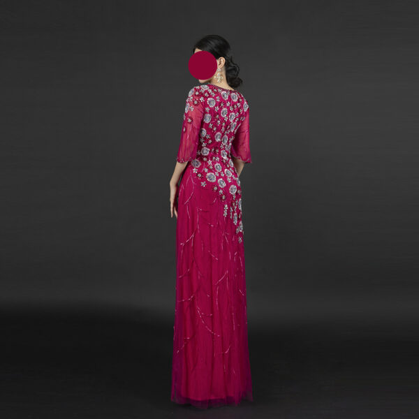 Women's Magenta Beaded Floral Evening Gown - Sheer Bell Sleeve Formal Party Dress