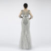 Silver Hand-Beaded Evening Gown with Crystal Embellishment and Feather Hem