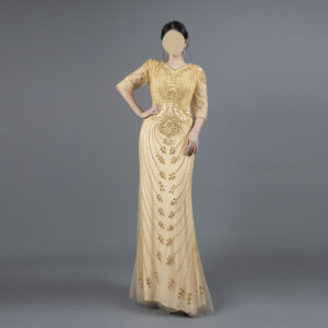 Champagne Gold Beaded Evening Gown - Sheer Half-Sleeve Formal Mermaid Dress