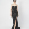 Black satin mermaid evening gown with spaghetti straps, luxury formal dress with slit for gala red carpet