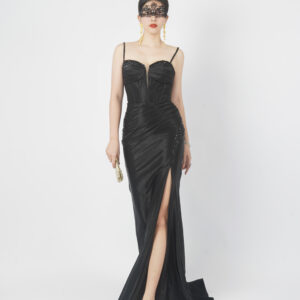Black satin mermaid evening gown with spaghetti straps, luxury formal dress with slit for gala red carpet