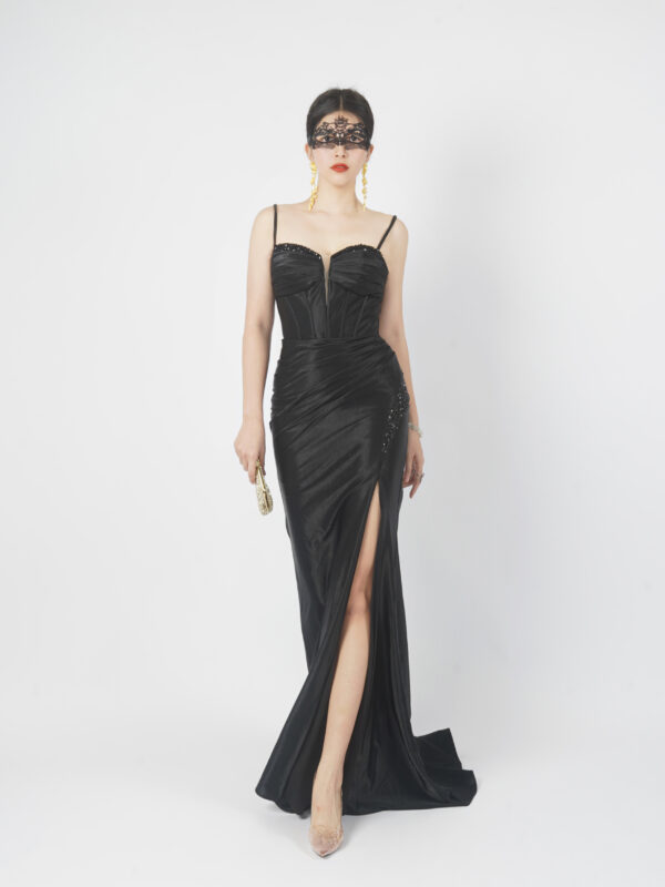 Black satin mermaid evening gown with spaghetti straps, luxury formal dress with slit for gala red carpet