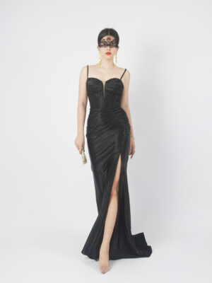 Black satin mermaid evening gown with spaghetti straps, luxury formal dress with slit for gala red carpet