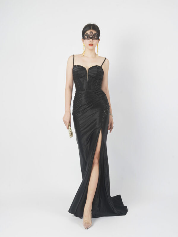 Black satin mermaid evening gown with spaghetti straps, luxury formal dress with slit for gala red carpet