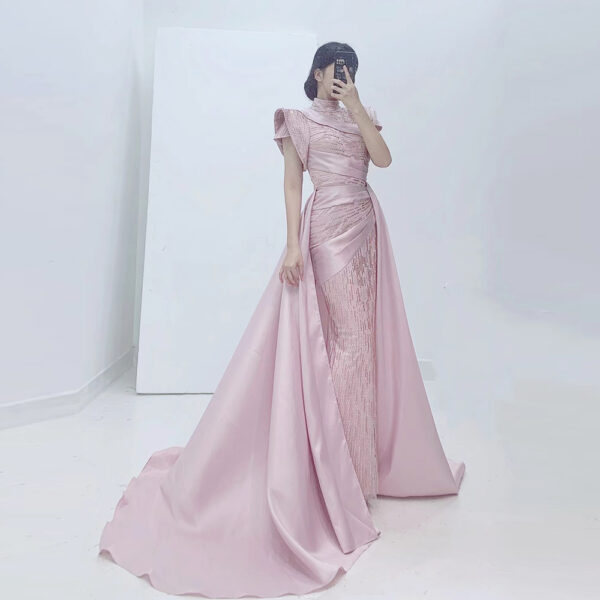 dusty pink mermaid evening gown with high neck lace bodice and detachable train