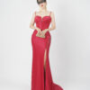 Burgundy red satin mermaid evening gown with spaghetti straps, luxury formal dress with slit for gala red carpet