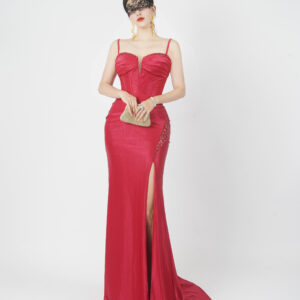 Burgundy red satin mermaid evening gown with spaghetti straps, luxury formal dress with slit for gala red carpet