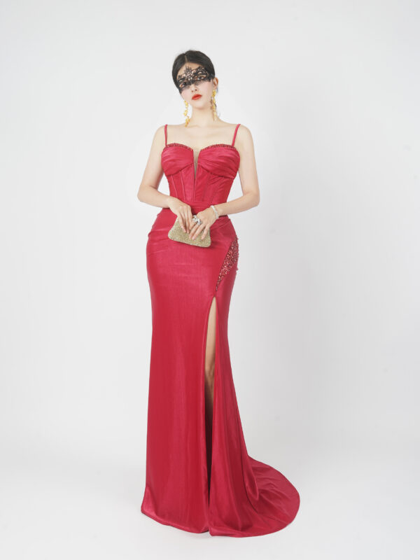 Burgundy red satin mermaid evening gown with spaghetti straps, luxury formal dress with slit for gala red carpet