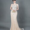 Champagne silver beaded mermaid evening gown with spaghetti straps, luxury formal dress for gala red carpet