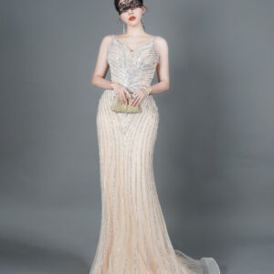 Champagne silver beaded mermaid evening gown with spaghetti straps, luxury formal dress for gala red carpet