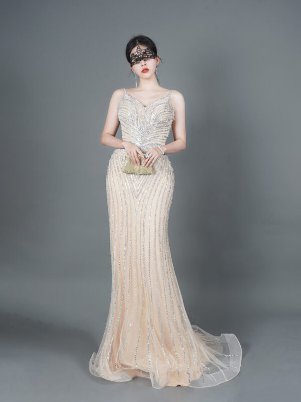 Champagne silver beaded mermaid evening gown with spaghetti straps, luxury formal dress for gala red carpet