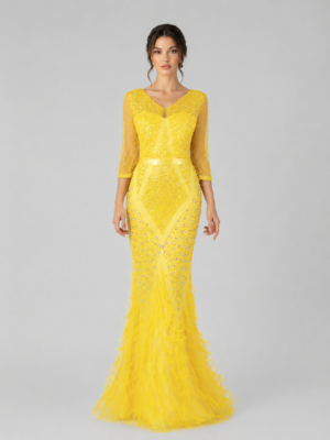 Rhinestone Feather Midi Sleeve Evening Dress