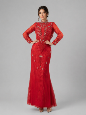 High Neck Flared Sleeve Red Beaded Mermaid Evening Gown