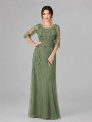 Hand Beaded Three Quarter Sleeve Long Mesh Gown