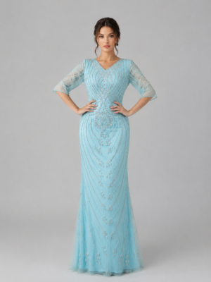 Elegant Beaded Mermaid Evening Gown with Sheer Sleeves