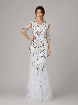 Floral Beaded Feather Fringe V-Neck Mermaid Evening Dress