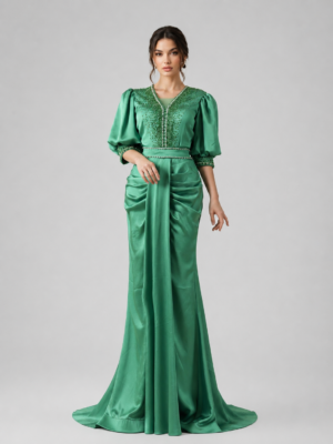 Vibrant Beaded Evening Dress with Puff Sleeves and Defined Waist